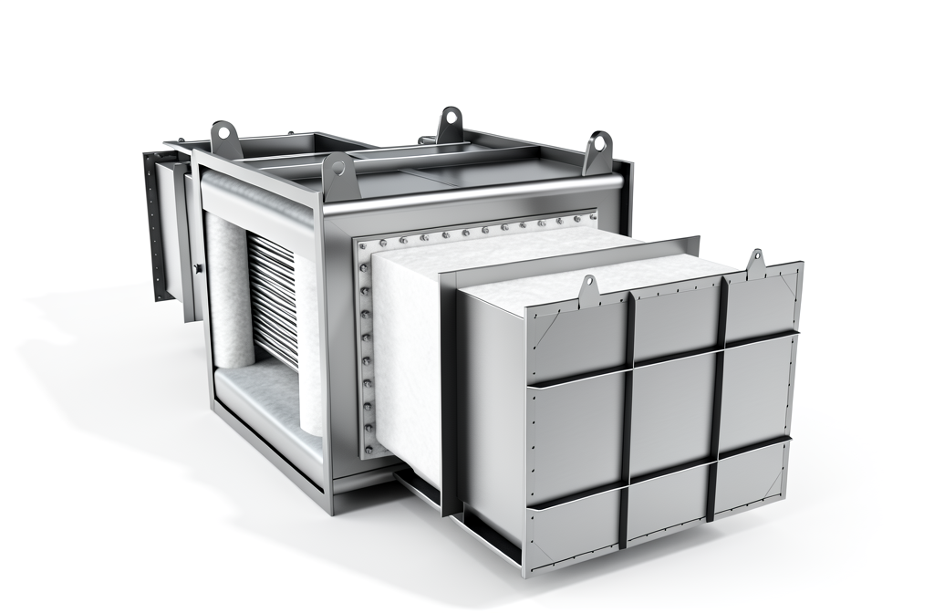 3D model of a internally insulated, high temperature, gas to gas cross flow heat exchanger for stack gas heat recovery