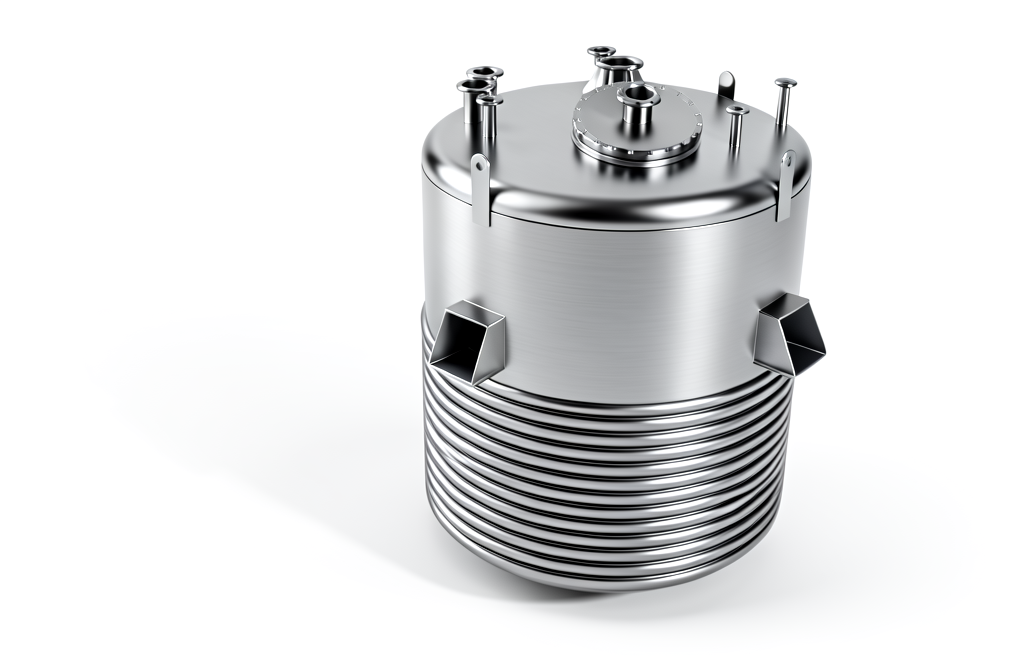 3D model of a  stainless steel reactor vessel with limpet coil and access manway